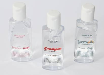 3) Envase de 60 cm3 con Alcohol en Gel con su logo